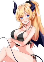 Rule 34 | 1girl, bare legs, bat tattoo, bikini, blonde hair, blue eyes, blush, breast hold, breast tattoo, breasts, cleavage, cowboy shot, demon horns, demon tail, demon wings, frilled bikini, frills, halterneck, hololive, horns, kosuke (bb), large breasts, long hair, looking at viewer, navel, official alternate costume, open mouth, parted bangs, pointy ears, ponytail, scrunchie, side-tie bikini bottom, simple background, sitting, smile, solo, string bikini, swimsuit, tail, tattoo, thighs, virtual youtuber, white background, wings, yuzuki choco, yuzuki choco (hololive summer 2019)