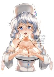 Rule 34 | 1girl, :o, avrora (azur lane), azur lane, bare shoulders, blue eyes, braid, breasts, cleavage, collarbone, commission, dress, fur hat, hair between eyes, hat, heart, heart hands, highres, large breasts, long hair, looking at viewer, low tied hair, open mouth, silver hair, simple background, solo, twin braids, upper body, ushanka, white background, white dress, white hat, zasshu