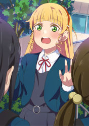 Rule 34 | 1girl, absurdres, al aoi aoba, black hair, blonde hair, blue jacket, blunt bangs, blush, brown hair, collared shirt, commentary request, dress, flustered, grey dress, hands up, heanna sumire, highres, jacket, long hair, looking at viewer, love live!, love live! superstar!!, neck ribbon, open clothes, open jacket, open mouth, orange headwear, pinafore dress, red ribbon, ribbon, school uniform, shirt, sleeveless dress, solo focus, sweatdrop, teeth, twintails, upper teeth only, white shirt, yuigaoka school uniform
