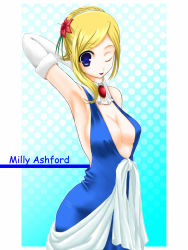 Rule 34 | 1girl, armpits, arms up, asamiya, bare shoulders, blonde hair, blue eyes, breasts, cleavage, code geass, covered erect nipples, dress, elbow gloves, female focus, flower, gloves, gradient background, hair ornament, lipstick, long hair, makeup, milly ashford, one eye closed, solo, wink