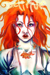 Rule 34 | 1girl, character name, collared shirt, dc comics, delirium, delirium (dc), female focus, fish, flying fish, goldfish, heterochromia, highres, jewelry, necklace, red hair, shirt, solo, the sandman
