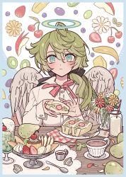 Rule 34 | 1other, absurdres, ahoge, angel, angel wings, apple, apple rabbit, aqua eyes, banana, banana slice, blueberry, bouquet, cherry, cream soda, creamer (vessel), creamer packet, cup, flower, food, food art, fork, fruit, fruit sandwich, glass, grapes, green hair, halo, highres, holding, holding food, ice, ice cream, ice cream float, ice cube, jar, kiwi (fruit), kiwi slice, looking at viewer, melon soda, meremero, milk, mint, napkin, neck ribbon, orange (fruit), original, pear, petals, pink flower, pink ribbon, plate, pudding, ribbon, sandwich, saucer, soda, solo, spoon, strawberry, strawberry slice, table, tea, teacup, whipped cream, white flower, white wings, wings, yellow flower, yui (meremero)