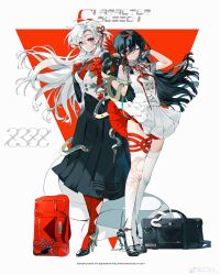 Rule 34 | 2girls, absurdres, bag, black hair, chinese commentary, closed mouth, dress, earrings, full body, gloves, hair between eyes, hair ribbon, hairband, hand in own hair, high heels, highres, jewelry, long hair, looking at viewer, multiple girls, necktie, one eye closed, original, red eyes, red gloves, red hairband, red necktie, red ribbon, ribbon, sidelocks, snake, standing, thighhighs, thighlet, very long hair, weibo logo, weibo watermark, white hair, white snake, white thighhighs, z3zz4, zettai ryouiki