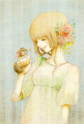 Rule 34 | 1girl, animal, animal on hand, bare arms, bird, blonde hair, closed eyes, commentary request, dress, flower, green dress, grey background, hair flower, hair ornament, hand up, kurita eriko, original, painting (medium), parted lips, pink flower, ranunculus, rose, smile, solo, squirrel, traditional media, upper body, watercolor (medium)