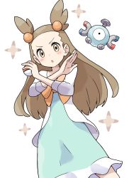 Rule 34 | 1girl, blush, brown eyes, brown hair, creatures (company), crossed arms, dress, forehead, game freak, gen 1 pokemon, green dress, gym leader, hair bobbles, hair ornament, highres, holding, holding poke ball, jacket, jasmine (pokemon), long hair, long sleeves, looking at viewer, magnemite, nintendo, open clothes, open jacket, parted lips, poke ball, poke ball (basic), pokemon, pokemon (creature), pokemon hgss, simple background, tadanoshi kabane, two side up, v-shaped eyebrows, very long hair, white background, white jacket