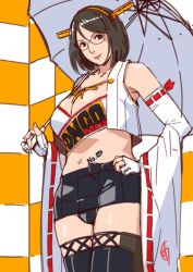 Rule 34 | 10s, 1girl, black hair, breasts, cleavage, detached sleeves, female focus, fingerless gloves, ganto, glasses, gloves, hand on own hip, kantai collection, kirishima (kancolle), large breasts, lips, looking at viewer, midriff, navel, pencil skirt, race queen, short hair, skirt, solo, umbrella