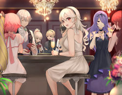 Rule 34 | 4boys, 5girls, alcohol, alternate costume, blonde hair, bow, breasts, brown eyes, camilla (fire emblem), card, choker, cleavage, closed eyes, corrin (female) (fire emblem), corrin (fire emblem), cup, dress, drink, drinking glass, elise (fire emblem), fire emblem, fire emblem fates, glass, grey eyes, grey hair, hair over one eye, hairband, haru (nakajou-28), highres, hinoka (fire emblem), holding, holding cup, indoors, jakob (fire emblem), leo (fire emblem), long hair, looking at viewer, looking back, medium breasts, multiple boys, multiple girls, nintendo, open mouth, pink hair, pointy ears, ponytail, purple eyes, purple hair, red eyes, red hair, sakura (fire emblem), short hair, shuffling cards, sitting, smile, stool, takumi (fire emblem), twintails, very long hair