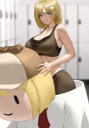 Rule 34 | 1girl, bare arms, bare shoulders, blonde hair, blue eyes, blurry, blurry background, breasts, brown sports bra, commentary, depth of field, grin, hair between eyes, hair ornament, highres, hololive, hololive english, infi, large breasts, locker, locker room, looking at viewer, medium hair, pants, smile, smol ame, solo, sports bra, standing, sweat, virtual youtuber, watson amelia, wet, wet clothes, yoga pants