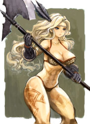 1girl abs amazon_(dragon&#039;s_crown) amazon_warrior armlet armor axe bad_id bad_pixiv_id bikini_armor blonde_hair blue_eyes breasts cleavage dragon&#039;s_crown female_focus flower gauntlets hair_flower hair_ornament halberd highres hiro1984 jewelry large_breasts lips long_hair muscular muscular_female navel polearm sketch solo tattoo thighs weapon