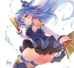 Rule 34 | 10s, 1girl, 2016, :d, ahoge, aqua (konosuba), ass, blue eyes, blue footwear, blue hair, blue thighhighs, blurry, blush, boots, breasts, dated, depth of field, detached sleeves, dual wielding, eyebrows, eyelashes, floating hair, folding fan, from below, hair between eyes, hair ornament, hair rings, hand fan, holding, kono subarashii sekai ni shukufuku wo!, long hair, looking at viewer, matching hair/eyes, open mouth, orb, riv (rivleaf), smile, solo, thigh boots, thighhighs, twitter username, upskirt, water, white background, white thighhighs
