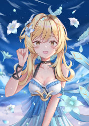 Rule 34 | 1girl, absurdres, adapted costume, alternate costume, bare shoulders, blonde hair, blue dress, blue feathers, blue flower, blue sky, blush, breasts, cloud, collarbone, commentary request, dress, feathers, flower, genshin impact, hair flower, hair ornament, highres, long hair, looking at viewer, lumine (genshin impact), medium breasts, open mouth, outdoors, short hair with long locks, sky, sleeveless, sleeveless dress, smile, solo, sora01o, star (sky), upper body, white flower, yellow eyes