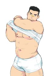 Rule 34 | 1boy, bandaid, bandaid on face, bandaid on nose, bara, belly, black hair, bulge, cowboy shot, goshingo1, large pectorals, lifting own clothes, looking at viewer, male focus, muscular, muscular male, navel, nipples, original, pectorals, short hair, short shorts, shorts, sideburns, solo, stomach, tareme, thick eyebrows, thick thighs, thighs, underpec, white shorts