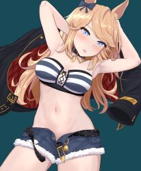 Rule 34 | 1girl, absurdres, animal ears, armpits, arms behind head, arms up, bandeau, bare shoulders, belt, black belt, black collar, black jacket, blonde hair, blue background, blue eyes, blush, bow, breasts, chain, cleavage, code4 (nuiyoi), collar, collarbone, commentary, cutoffs, denim, denim shorts, ear bow, ear ornament, gold chain, gold city (umamusume), groin, highres, holding, holding clothes, holding jacket, horse ears, horse girl, jacket, unworn jacket, long hair, looking at viewer, medium breasts, midriff, navel, open belt, open fly, open mouth, shorts, sidelocks, solo, standing, striped bandeau, swept bangs, umamusume