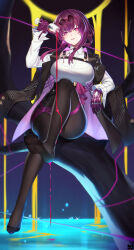 Rule 34 | 1girl, absurdres, black jacket, black pantyhose, black shorts, boots, breasts, butterfly ornament, chest harness, collared shirt, commentary request, cup, eyewear on head, feet, gloves, hair between eyes, harness, high-waist shorts, highres, holding, holding cup, honkai: star rail, honkai (series), in tree, jacket, kafka (honkai: star rail), large breasts, legs, long hair, long sleeves, looking at viewer, pantyhose, pantyhose under shorts, pouring, presenting foot, purple-tinted eyewear, purple eyes, purple gloves, purple hair, purple pantyhose, round eyewear, shirt, shorts, single thigh boot, sitting, sitting in tree, smile, solo, spider web print, sunglasses, thigh boots, thighs, tinted eyewear, toes, tree, white shirt, ymmy203203