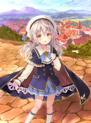 Rule 34 | 1girl, :d, arm at side, ascot, beret, blonde hair, blue cape, blue skirt, blue sky, blush, bow, brown eyes, building, cape, capelet, child, church, cloak, commentary request, day, ferris (jussai no saikyou madoushi), fukahire (ruinon), grey hair, hair between eyes, hair bow, hat, highres, house, jussai no saikyou madoushi, kneehighs, long hair, long sleeves, looking at viewer, mountain, open mouth, outdoors, red bow, revision, road, scenery, skirt, sky, sleeves past wrists, smile, socks, solo, standing, tareme, town, white hat, white socks, yellow eyes