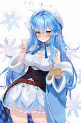 Rule 34 | 1girl, :q, ahoge, bare shoulders, beret, blouse, blue bow, blue bowtie, blue coat, blue nails, blue skirt, bow, bowtie, braid, breasts, center frills, cleavage cutout, clothing cutout, coat, commentary request, corset, cowboy shot, eyes visible through hair, frilled skirt, frills, gotou (nekocat), hair between eyes, hair ornament, half updo, hat, heart, heart ahoge, highres, holding, hololive, large breasts, long hair, long sleeves, looking at viewer, nail polish, off shoulder, pointy ears, print skirt, purple hair, shirt, signature, skirt, sleeveless, sleeveless shirt, snowflake print, snowflakes, solo, standing, tongue, tongue out, virtual youtuber, white hat, white shirt, wide sleeves, yellow eyes, yukihana lamy
