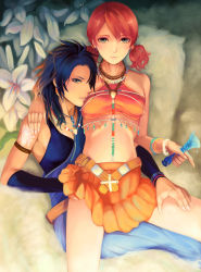 Rule 34 | 10s, 2girls, black hair, blue eyes, brown eyes, brown hair, couple, female focus, final fantasy, final fantasy xiii, hand under clothes, itori (clarice note), long hair, midriff, miniskirt, multiple girls, oerba dia vanille, oerba yun fang, red hair, short twintails, skirt, twintails, yuri