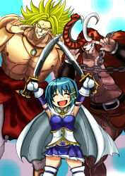Rule 34 | 1girl, 2boys, abs, arms up, artist request, biceps, blank eyes, blue hair, blush, breasts, broly (dragon ball z), cape, chain, crossover, dragon ball, dragonball z, fur trim, highres, holding, holding sword, holding weapon, kinnikuman, large pectorals, legendary super saiyan, looking at viewer, mahou shoujo madoka magica, mammoth horns, mammothman, manly, mask, medium breasts, miki sayaka, monster boy, multiple boys, muscular, pectorals, sayaka mi, skirt, small breasts, spiked hair, super saiyan, sword, weapon, wrestling, wrestling outfit