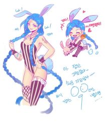 Rule 34 | 1girl, animal ears, blue hair, braid, breasts, cleavage, fake animal ears, jinx (league of legends), league of legends, long hair, pink eyes, playboy bunny, rabbit ears, solo, tail, tattoo, thighhighs, translation request, twin braids