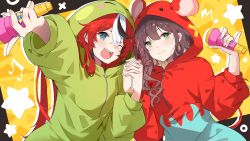 Rule 34 | 2girls, absurdres, alternate costume, animal hood, beamed eighth notes, black hair, blonde hair, blue eyes, brown hair, closed mouth, commentary, english commentary, green eyes, green hoodie, hakos baelz, highres, holding, holding hands, holding microphone, hololive, hololive english, hood, hoodie, indie virtual youtuber, interlocked fingers, long sleeves, looking at viewer, microphone, miori celesta, multicolored hair, multiple girls, mush (mushlicious), musical note, open mouth, pinky out, red hair, red hoodie, sharp teeth, smile, star (symbol), streaked hair, teeth, upper body, virtual youtuber, white hair