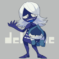 Rule 34 | 2boys, blue capelet, blue eyes, blue footwear, blue gloves, blue jacket, blue skin, boots, capelet, carrying, carrying person, carrying under arm, chibi, colored skin, commentary request, copyright name, deltarune, full body, gloves, grey background, grin, hand up, highres, jacket, lancer (deltarune), male focus, multiple boys, nikorashi-ka, no eyes, open mouth, rouxls kaard, simple background, smile, standing, swept bangs, thigh boots, white hair