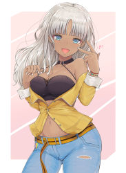 Rule 34 | 1girl, :d, absurdres, bare shoulders, belt, black bra, blue eyes, blunt bangs, blush, bra, breasts, cleavage, collarbone, commentary request, contrapposto, cowboy shot, dark-skinned female, dark skin, denim, fingernails, gluteal fold, hands up, highres, jeans, large breasts, long fingernails, long hair, long sleeves, looking at viewer, nail polish, navel, nijisanji, off shoulder, open clothes, open mouth, open shirt, pants, parted bangs, partially unbuttoned, pink background, shirt, silver hair, smile, solo, strap lift, striped clothes, striped shirt, temari rin, todoroki kyouko, todoroki kyouko (3rd costume), two-tone background, underwear, vertical-striped clothes, vertical-striped shirt, virtual youtuber, white nails, wristband, yellow shirt