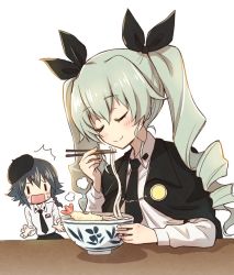 Rule 34 | 2girls, ^^^, anchovy (girls und panzer), anzio school uniform, beret, black cape, black hair, black headwear, black neckwear, black ribbon, black skirt, blush, bowl, braid, brown eyes, cape, chopsticks, closed eyes, closed mouth, commentary, dress shirt, drill hair, eating, elbow gloves, emblem, food, frown, girls und panzer, gloves, green hair, hair ribbon, hat, holding, holding chopsticks, inumoto, leaning forward, leaning to the side, light blush, long hair, long sleeves, looking at another, multiple girls, necktie, noodles, open mouth, pepperoni (girls und panzer), ribbon, school uniform, shadow, shirt, short hair, shrimp, shrimp tempura, side braid, sitting, skirt, smile, standing, surprised, sweatdrop, tempura, twin drills, twintails, white shirt, | |