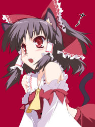 Rule 34 | 1girl, animal ears, bare shoulders, black hair, blush, cat ears, cat girl, cat tail, detached sleeves, female focus, hair ribbon, hakurei reimu, japanese clothes, kemonomimi mode, miko, open mouth, red eyes, ribbon, simple background, solo, tail, touhou, yamano sachi