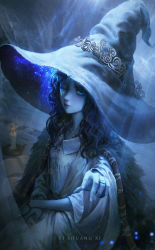 Rule 34 | 1girl, absurdres, artist request, blue eyes, blue hair, blue skin, blue theme, cloak, closed mouth, colored skin, cracked skin, dress, elden ring, extra arms, extra faces, fur cloak, hat, highres, jewelry, joints, long hair, looking at viewer, one eye closed, ranni the witch, ring, solo, white dress, white hat, witch, witch hat
