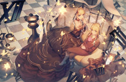Rule 34 | 1boy, 1girl, aluce, ascot, bad id, bad pixiv id, beatrice (umineko), blonde hair, blue eyes, boots, bow, bug, butterfly, checkered floor, chess piece, choker, collared shirt, couch, crossed legs, dress, flower, hair bun, hair flower, hair ornament, insect, jewelry, ponytail, red flower, red rose, ring, roman numeral, rose, shirt, single hair bun, sitting, smile, umineko no naku koro ni, ushiromiya lion, wide sleeves