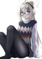 Rule 34 | 1girl, ahoge, argyle, argyle clothes, argyle sweater, argyle sweater vest, arm support, blue archive, blue eyes, blush, earmuffs, glasses, hair ornament, hairclip, halo, highres, knees up, kotama (blue archive), long hair, long sleeves, looking at viewer, mikqze, panties, panties under pantyhose, pantyhose, parted lips, ponytail, sitting, solo, sweater, sweater vest, turtleneck, underwear, very long hair, white hair, x hair ornament