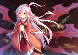 Rule 34 | 1girl, dress, female focus, hair bobbles, hair ornament, koxo-01, long hair, long sleeves, looking at viewer, multiple wings, own hands clasped, own hands together, red dress, red eyes, ribbon, shinki (touhou), side ponytail, solo, touhou, touhou (pc-98), white hair, wide sleeves, wings