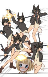 Rule 34 | 2girls, :o, animal ears, blowing bubbles, blush, chewing gum, dominica s. gentile, dual wielding, equilibrium, extended magazine, firing, gun, hajime monji, haou airen, head wings, holding, jane t. godfrey, meme, multiple girls, muzzle flash, neta, no pants, panties, parody, strike witches, strike witches: kurenai no majo-tachi, trigger discipline, underwear, weapon, wings, world witches series