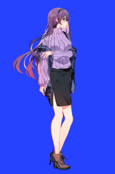 Rule 34 | 1girl, alternate costume, ankle boots, bag, black skirt, blue background, boots, casual, commentary, cross-laced footwear, doki doki literature club, english commentary, full body, hairband, high heel boots, high heels, highres, lace-up boots, long hair, parted lips, profile, purple hair, ribbed sweater, savi (byakushimc), simple background, skirt, solo, sweater, very long hair, yuri (doki doki literature club)