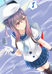Rule 34 | 01021235, 1girl, absurdres, black thighhighs, blue neckerchief, blue sailor collar, blue skirt, depth charge, eighth note, feet out of frame, from above, gloves, gradient hair, hat, highres, kantai collection, looking to the side, machinery, multicolored hair, musical note, neckerchief, pleated skirt, puffy short sleeves, puffy sleeves, purple eyes, purple hair, sailor collar, sailor hat, school uniform, serafuku, short hair, short hair with long locks, short sleeves, sidelocks, skirt, solo, spoken musical note, thighhighs, tsushima (kancolle), white gloves, white hat