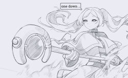 Rule 34 | 1girl, absurdres, belt, capelet, commentary, egalo, elf, english commentary, english text, expressionless, foreshortening, frieren, greyscale, highres, holding, holding staff, long sleeves, mage staff, monochrome, pointy ears, simple background, smoke, solo, sousou no frieren, speech bubble, staff, twintails, upper body, white background