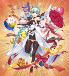 Rule 34 | 1girl, aqua hair, balloon, bare shoulders, belt, black thighhighs, blush stickers, bouquet, bow, box, braid, braided ponytail, cake, candle, dress, earrings, flower, food, gift, gift box, gold egg (p&amp;d), hat, jewelry, king shynee (p&amp;d), leg up, light valkyrie (p&amp;d), loneteel, long hair, one eye closed, open mouth, party hat, puzzle &amp; dragons, rare egg machine, red eyes, red flower, red rose, ribbon, rose, side braid, silver egg (p&amp;d), streamers, tamadra, thighhighs, tri braids, valkyrie (p&amp;d), very long hair, wings