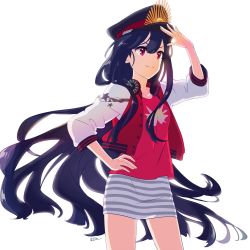 Rule 34 | &gt;:), 1girl, artist name, black hair, buster shirt, cowboy shot, fate/grand order, fate (series), hand on own hip, hat, headphones, headphones around neck, jacket, kise (swimmt), letterman jacket, long hair, oda nobunaga (fate), oda nobunaga (koha-ace), oda nobunaga (swimsuit berserker) (fate), oda nobunaga (swimsuit berserker) (first ascension) (fate), peaked cap, red eyes, salute, skirt, solo, star (symbol), star print, striped clothes, striped skirt, v-shaped eyebrows, very long hair