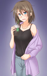 Rule 34 | 1girl, alternate costume, anti (untea9), black shirt, blue eyes, breasts, brown hair, casual, commentary request, cowboy shot, cup, denim, drinking straw, gradient background, hair ornament, hairclip, highres, holding, holding cup, jacket, jeans, kantai collection, large breasts, looking at viewer, maya (kancolle), pants, purple jacket, shirt, short hair, simple background, solo, x hair ornament