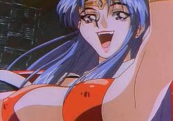 Rule 34 | 1990s (style), animated, animated gif, blue hair, bouncing breasts, breasts, choujin gakuen gowcaizer, cleavage, covered erect nipples, fingernails, hishizaki shaia (gowcaizer), jewelry, lowres, nail polish, one eye closed, ponytail, retro artstyle, ring, shoulder pads, wink