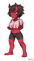 Rule 34 | 1girl, barefoot, bike shorts, black hair, clenched hands, closed mouth, colored skin, cropped shirt, fang, fang out, horns, kidouko (zakusi), midriff, navel, oni, oni horns, orange eyes, original, red oni, red skin, shirt, short hair, short sleeves, signature, simple background, smile, solo, standing, symbol-only commentary, white background, white shirt, zakusi