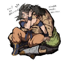 Rule 34 | 2boys, bara, biting, black eyes, black hair, blush, broly (dragon ball super), couple, dark skin, dark-skinned male, dragon ball, dragon ball super, dragon ball super broly, facial scar, from side, full body, hand on another&#039;s head, hano (hanos91), hug, hug from behind, interracial, male focus, medium hair, multiple boys, muscular, muscular male, pants, pectorals, scar, scar on arm, scar on cheek, scar on face, topless male, short hair, sitting, sitting on lap, sitting on person, size difference, son goku, spiked hair, spread legs, tearing up, torn clothes, torn pants, translation request, yaoi