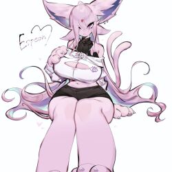 Rule 34 | 1girl, animal ears, animal hands, black shorts, blue hair, breasts, cleavage, cleavage cutout, clothing cutout, creatures (company), cropped sweater, earrings, espeon, forehead jewel, furry, furry female, game freak, gen 2 pokemon, hand on own chest, huge breasts, jacket, jewelry, large ears, long hair, looking at viewer, midriff, multicolored hair, navel, nintendo, pokemon, pokemon (creature), purple eyes, purple fur, purple hair, shorts, split tail, tail, thick thighs, thighs, togetoge, very long hair, white jacket, wide hips