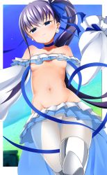 Rule 34 | 1girl, armor, bare shoulders, bikini, blue eyes, blue ribbon, blue sky, blush, breasts, choker, closed mouth, collarbone, earrings, fate/grand order, fate (series), frilled bikini, frills, greaves, hair ribbon, highres, jewelry, long hair, long sleeves, looking at viewer, meltryllis, meltryllis (fate), meltryllis (swimsuit lancer) (fate), meltryllis (swimsuit lancer) (third ascension) (fate), microskirt, navel, prosthesis, prosthetic leg, puffy sleeves, purple hair, ribbon, side ponytail, skirt, sky, sleeves past fingers, sleeves past wrists, small breasts, smile, suntakuchan, swimsuit, thighs, very long hair, white bikini, white legwear, white ribbon, white skirt