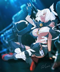Rule 34 | 10s, 1girl, bad id, bad pixiv id, black gloves, black nails, black thighhighs, breasts, bubble, dark-skinned female, dark skin, female focus, fingerless gloves, glasses, gloves, kantai collection, kyara36, large breasts, long hair, machinery, musashi (kancolle), musashi kai (kancolle), nail polish, navel, open mouth, pointy hair, red eyes, sarashi, sitting, solo, thigh strap, thighhighs, torn clothes, torn thighhighs, twintails, twitter username, underwater, white hair