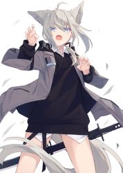 Rule 34 | 1girl, ahoge, animal ears, black hoodie, blue eyes, bottomless, claw pose, collared shirt, commentary request, cowboy shot, dress shirt, ear piercing, fangs, fox ears, gluteal fold, grey hair, grey jacket, highres, hood, hoodie, jacket, looking at viewer, medium hair, nagishiro mito, no pants, open mouth, original, piercing, shirt, solo, standing, sword, tail, thighs, weapon, white shirt, wing collar