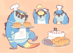 Rule 34 | apron, blue scales, bread, cake, cake slice, chef, chef hat, closed eyes, cropped legs, dodogama, dough, flag, food, fruit, full body, hat, highres, holding, holding tray, monster hunter, monster hunter: world, monster hunter (series), niconuki, orange background, pastry, smile, spikes, standing, steam, strawberry, tail, tray