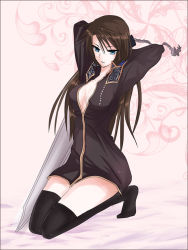 Rule 34 | 1990s (style), 1girl, blue eyes, breasts, brown hair, cleavage, female focus, final fantasy, final fantasy viii, gender request, genderswap, jewelry, jinno, long hair, military, military uniform, necklace, sitting, solo, squall leonhart, thighhighs, uniform
