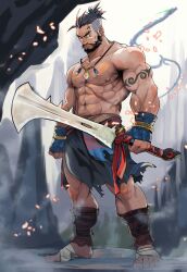 Rule 34 | 1boy, abs, arm tattoo, bandaged foot, bandages, bara, beard, black hair, chest hair, dragon, earrings, facial hair, facial tattoo, gloves, highres, holding, holding sword, holding weapon, jewelry, male focus, mature male, muscular, muscular male, navel, navel hair, necklace, nipples, original, pectorals, ponytail, scar, scar on face, scar on forehead, short hair, solo, suamaru, sword, tattoo, topless male, weapon