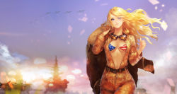 Rule 34 | 1girl, aircraft, airplane, american flag bikini, american flag print, belt, bikini, bikini under clothes, blonde hair, blue eyes, breasts, camouflage, fighter jet, flag print, full-length zipper, glint, goggles, highres, instant ip, jacket, jacket on shoulders, jet, light smile, long hair, looking up, military, military vehicle, navel, original, print bikini, ship, solo, swimsuit, thumbs up, unzipped, watercraft, wide hips, zipper